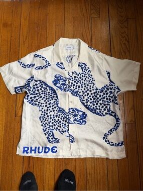 Rhude Cream Short Sleeve Shirt with Blue Leopard Motif
